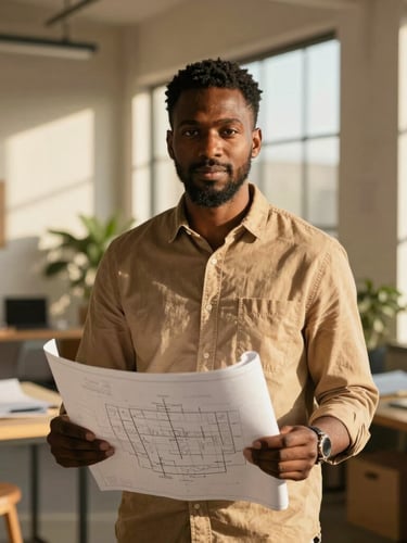 Warm environmental portrait of a Black business owner in a sunlit architectural design studio, holding blueprint sketches, soft golden-hour natural light.