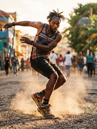 Dynamic close-up of a street dancer in Kingston under high-contrast golden hour sunlight, dust kicked up around sneakers, vibrant editorial photography, 35mm film grain.