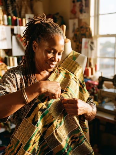 Dynamic close-up of a Jamaican fashion designer adjusting a vibrant gold and green textile in a sunlit Kingston studio, 35mm film grain