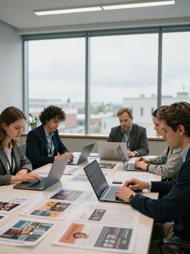 Wide shot of a functional conference room, four professionals seated around a table covered in printed campaign reports and open laptops, faces focused downward on the documents, overcast daylight through floor-length office windows, medium framing emphasizing concentration and collaborative review