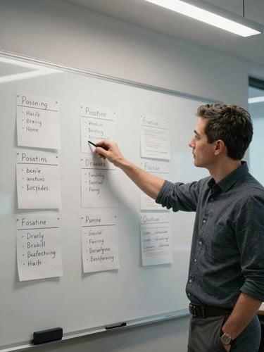Medium shot of a consultant standing at a whiteboard covered in brand positioning notes and messaging frameworks, pointing at a key phrase, functional meeting room under cool office fluorescent light, focused expression