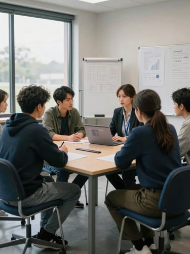 Wide shot of a small team in a functional meeting room, two people seated across a table from a consultant who has a laptop open showing analytics, whiteboards visible in the background, overcast daylight from a window, concentrated body language