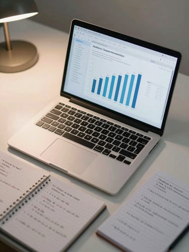 Overhead shot of a laptop screen displaying audience segmentation data and bar charts, a notepad with handwritten analysis notes beside it on a clean desk, subtle desk lamp light, tight framing