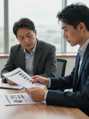 Medium shot of two professionals seated at a conference table reviewing printed ad performance reports, overcast daylight from a window behind them, focus on the documents and concentrated expressions