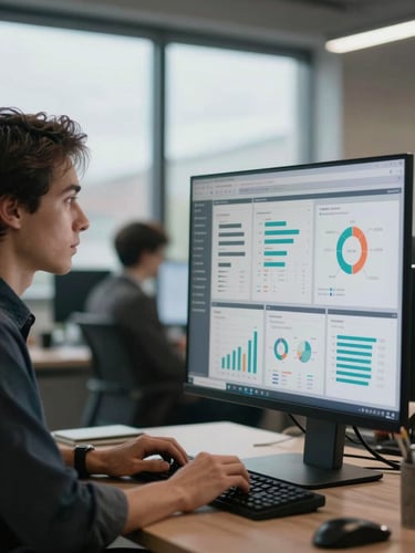 Medium shot of a marketing analyst leaning toward a large monitor displaying campaign analytics dashboards, overcast daylight filtering through office windows to the left, hands resting on keyboard, face in sharp concentration, functional open-plan office background slightly out of focus