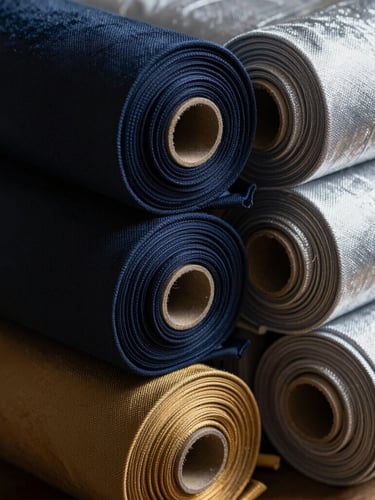Neatly stacked rolls of premium finished textiles in deep navy and silver, dramatic studio side-lighting, extreme texture detail