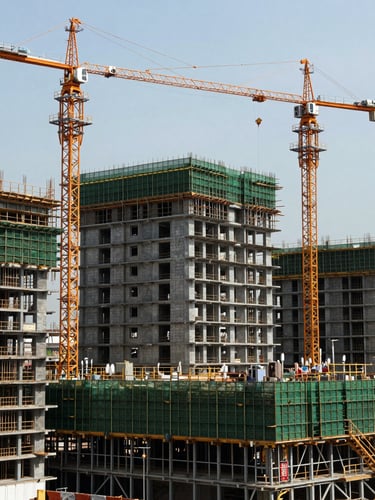 Wide environmental shot of a massive construction site with steel structures rising, heavy cranes in the background, harsh natural daylight, deep green and safety orange tones, sharp focus, 35mm