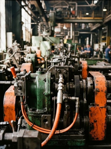 Close-up of industrial machinery components on a factory floor, harsh natural daylight, deep green and safety orange tones, sharp focus.