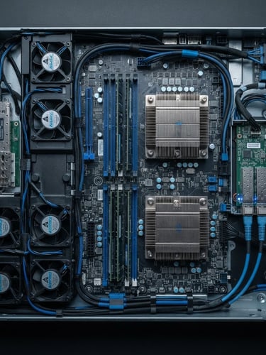 A minimalist flat-lay of modern server hardware, cool diffused studio light, desaturated slate and electric blue tones, macro lens