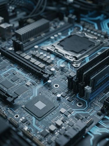 Macro close-up of server hardware with cool diffused studio light and subtle electric blue circuitry pathways, minimalist editorial photography