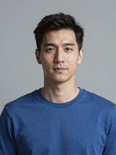 High-quality portrait of a technical editor in natural overcast daylight, desaturated slate tones, clean minimalist composition