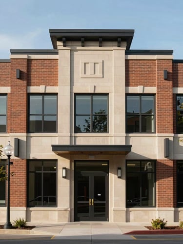 Straight-on, symmetrical architectural shot of a modern brick and stone commercial building exterior in Cheyenne under bright, natural daylight with clear sky.