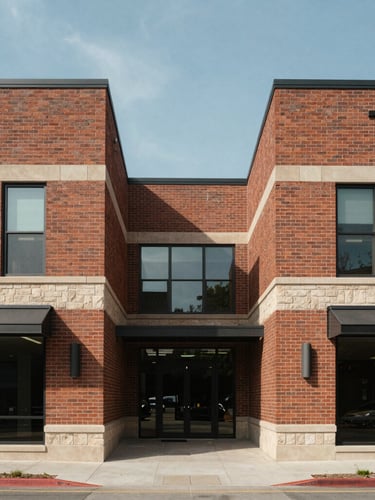 Symmetrical architectural exterior of a modern brick commercial complex in Cheyenne under clear, bright daylight
