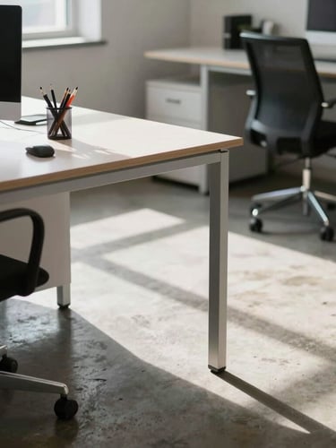 Close-up of clean, organized interior office space showing functional layout, natural daylight casting sharp shadows on concrete floor.