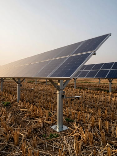 Ground-level wide shot looking up at farm-mounted solar panel rows in a Bihar field, overcast golden-hour sky visible between panel rows, harvested crop stubble on the ground below, galvanized steel mounting structure sharp in the foreground