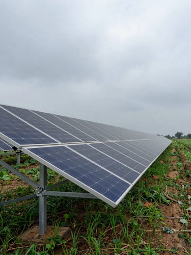 Ground-level wide shot of a farm-mounted solar array in a Bihar agricultural field under overcast monsoon light, rows of panels extending toward the horizon, green crop stubble visible between panel rows, no people present, galvanized steel mounting structure clearly visible in the foreground