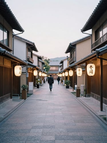 A quiet Kyoto alleyway at dusk, soft glowing lanterns, a single pedestrian walking, clean negative space, pastel tones, 35mm film aesthetic