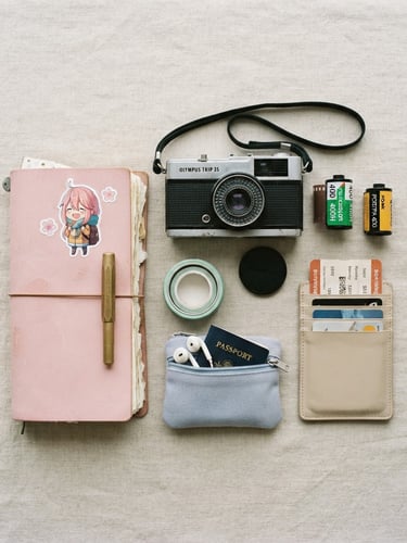 A minimalist flat-lay of travel essentials, a vintage film camera, a small anime sticker on a notebook, soft overcast daylight, pastel tones, 35mm film aesthetic