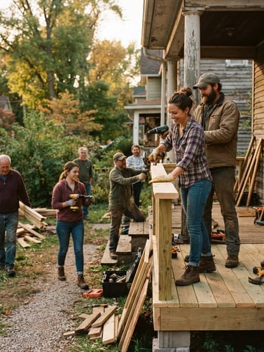 Candid medium shot of local volunteers working together to rebuild a storm-damaged wooden porch in an Ohio neighborhood, warm golden-hour daylight, rich organic tones, authentic 35mm film style.