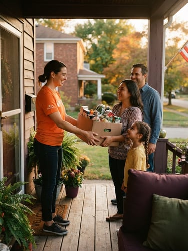 A warm candid photo of a volunteer in a bright orange shirt handing a box of fresh groceries to an appreciative family on an Ohio porch, soft golden hour sunlight, rich tones.