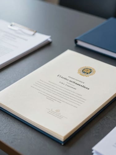 Close-up of official academic folders and stamped diplomas on a dark slate table, soft natural daylight, cool corporate tones, professional editorial photography, 35mm