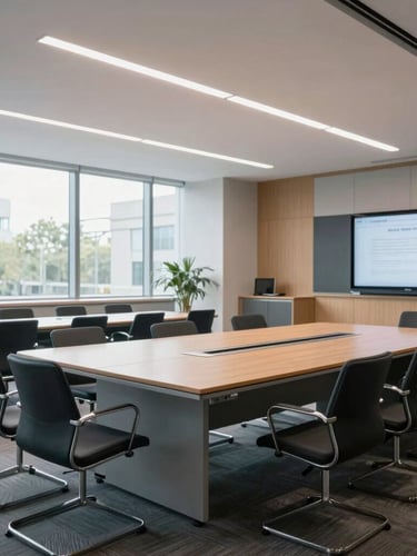 A clean modern university boardroom with structured seating, soft natural daylight, professional editorial photography, 35mm