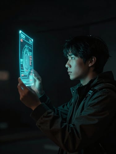 A vertical cinematic portrait of a sci-fi wanderer looking at a glowing hologram, neon cyan accents, deep obsidian shadows, 9:16 aspect ratio.