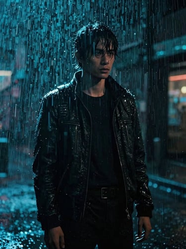 A cinematic vertical frame of a cyberpunk character standing in heavy neon rain, dramatic cyan rim light, 35mm film grain, 9:16 aspect ratio.