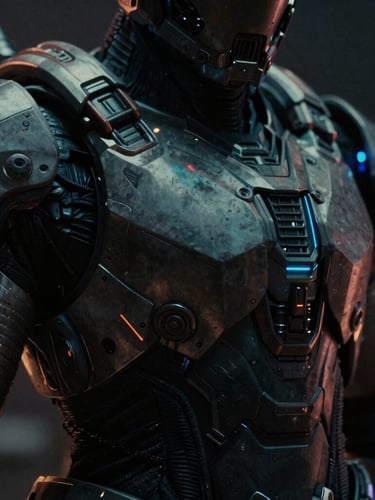 Extreme close-up of highly detailed sci-fi armor textures, dramatic rim lighting, dark atmospheric background, anamorphic framing, 35mm film grain