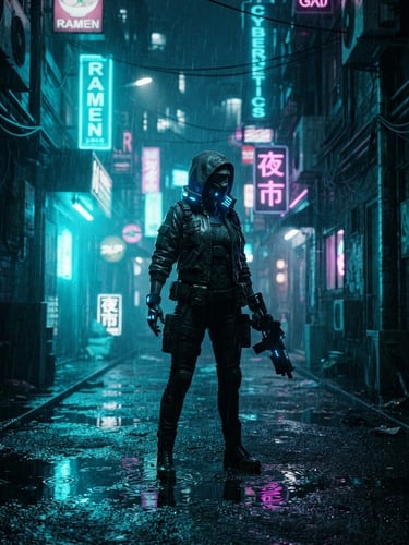 Cinematic anamorphic film frame of a sci-fi character standing in a dark rain-slicked alleyway, neon cyan backlighting reflecting off wet asphalt, deep shadows, rich film grain, 35mm composition.