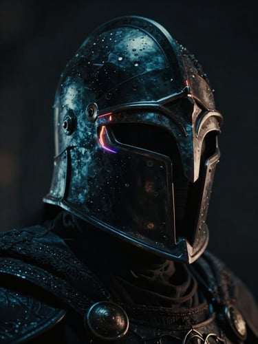 A vertical cinematic close-up of a fantasy warrior helmet, sub-zero lighting, deep shadows, rich textures, 9:16 aspect ratio.