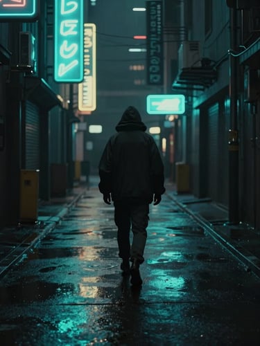 Cinematic portrait shot of a dark cyberpunk alleyway, wet asphalt reflecting glowing cyan signs, a lone cloaked figure walking away into the shadows, portrait aspect.