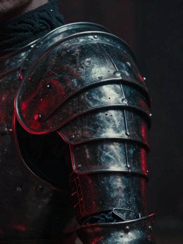 Cinematic close-up of a highly detailed fantasy armor shoulder plate, metallic textures catching a sharp red rim light, deep shadows, 35mm film grain, portrait aspect.