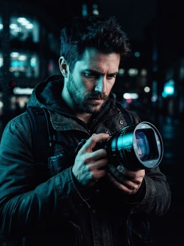 Stark low-key portrait of a cinematic creator holding an anamorphic camera lens, dramatic neon rim lighting, deep shadows, rich cyan accents, 35mm film grain