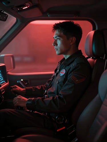 A vertical cinematic frame of a futuristic pilot in a cockpit, dramatic red and cyan backlighting, cinematic haze, 9:16 aspect ratio.