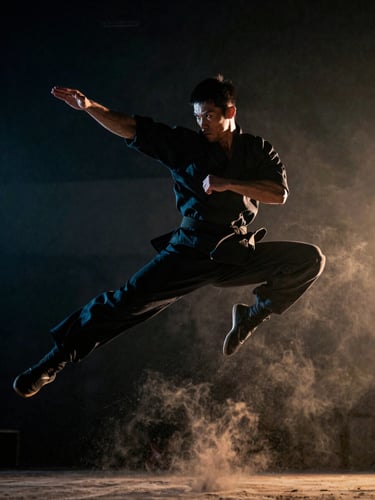 A vertical cinematic action shot of a martial artist in mid-air, dramatic rim light, dusty atmosphere, 9:16 aspect ratio.
