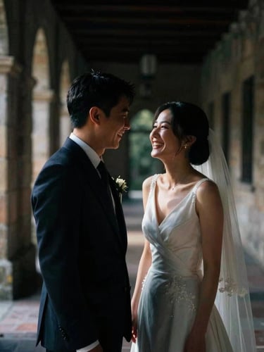 Cinematic candid wedding portrait, high-contrast natural light, deep shadows, 35mm film grain, a quiet laugh between a couple in a dimly lit stone corridor, moody atmosphere