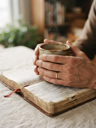 Intimate close-up of hands holding a warm ceramic cup next to an open Bible on a linen tablecloth, soft morning window light, shallow depth of field, warm editorial photography, 35mm film grain