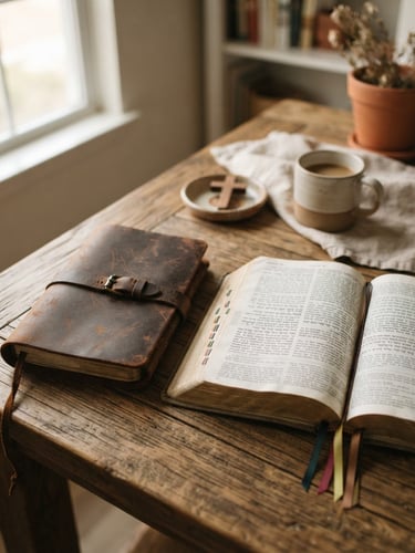 A closed leather journal next to an open Bible on a rustic wooden table, soft morning window light, warm terracotta tones, shallow depth of field, 35mm photography