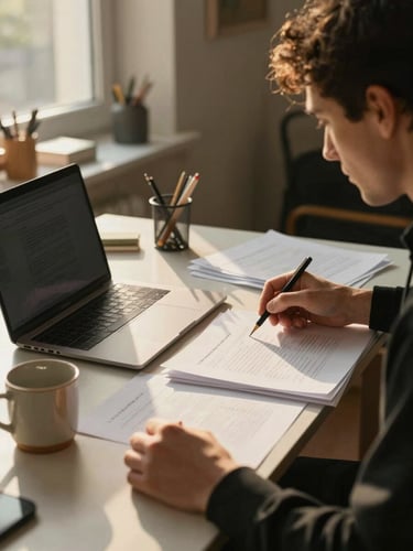 Candid, cinematic medium shot of a sun-drenched creative studio desk, hands organizing papers next to a sleek laptop and a ceramic mug, warm golden hour side-lighting