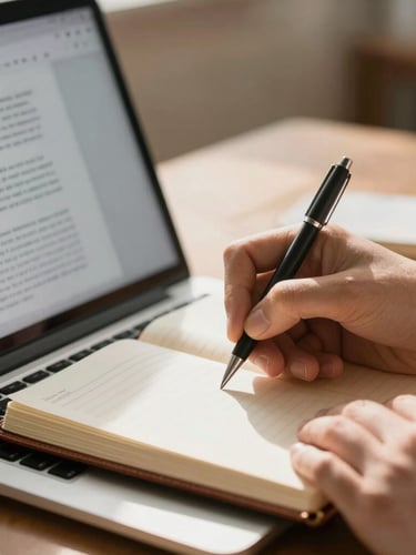 Cinematic close-up of hands writing in a leather notebook next to an open laptop showing clean text documents, warm sun-drenched environment