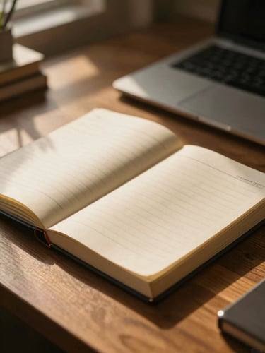 Cinematic shot of a warm-lit studio desk at golden hour, an open ledger with clean columns, soft natural shadows