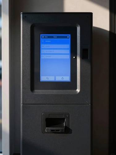 Straight-on orthographic shot of a sleek black contactless vending terminal interface, glowing electric-blue digital payment screen, sharp architectural shadows