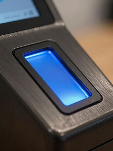 Tight macro crop of a modern contactless payment terminal interface, electric-blue status light glowing, dark brushed-metal casing