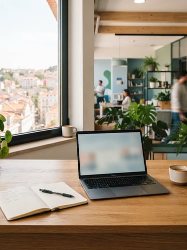 Bright editorial photography of a modern Portuguese office, warm natural daylight streaming through a large window, a clean laptop and a notebook on a wooden desk, soft depth of field.