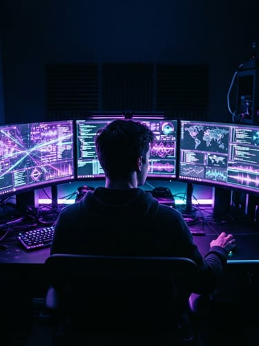 Moody low-key photography of a modern high-tech workstation, glowing abstract digital interfaces on screens casting electric purple and cyan green rim lighting, dark blue tones, 35mm