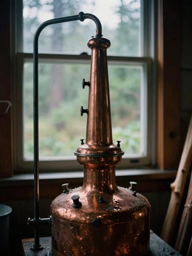 Moody close-up of a copper distillation still inside a dark timber workshop, soft overcast light filtering through a window, raw cedar branches nearby.