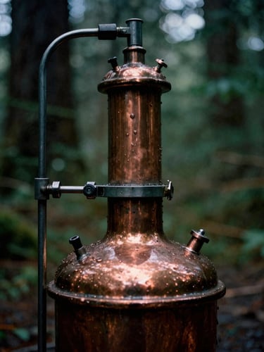 Macro shot of a copper distillation still, condensation on dark metal, low-key directional lighting, Pacific Northwest forest background out of focus.