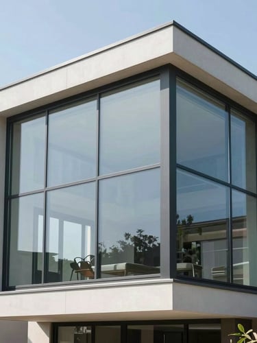 Architectural photography of a minimalist modern home with a seamless glass corner window, bright daylight, crisp reflections, steel fittings