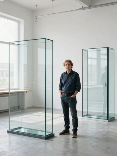 Professional portrait of the founder, an architectural glazing specialist, standing in a bright minimalist studio with high-contrast structural glass models.